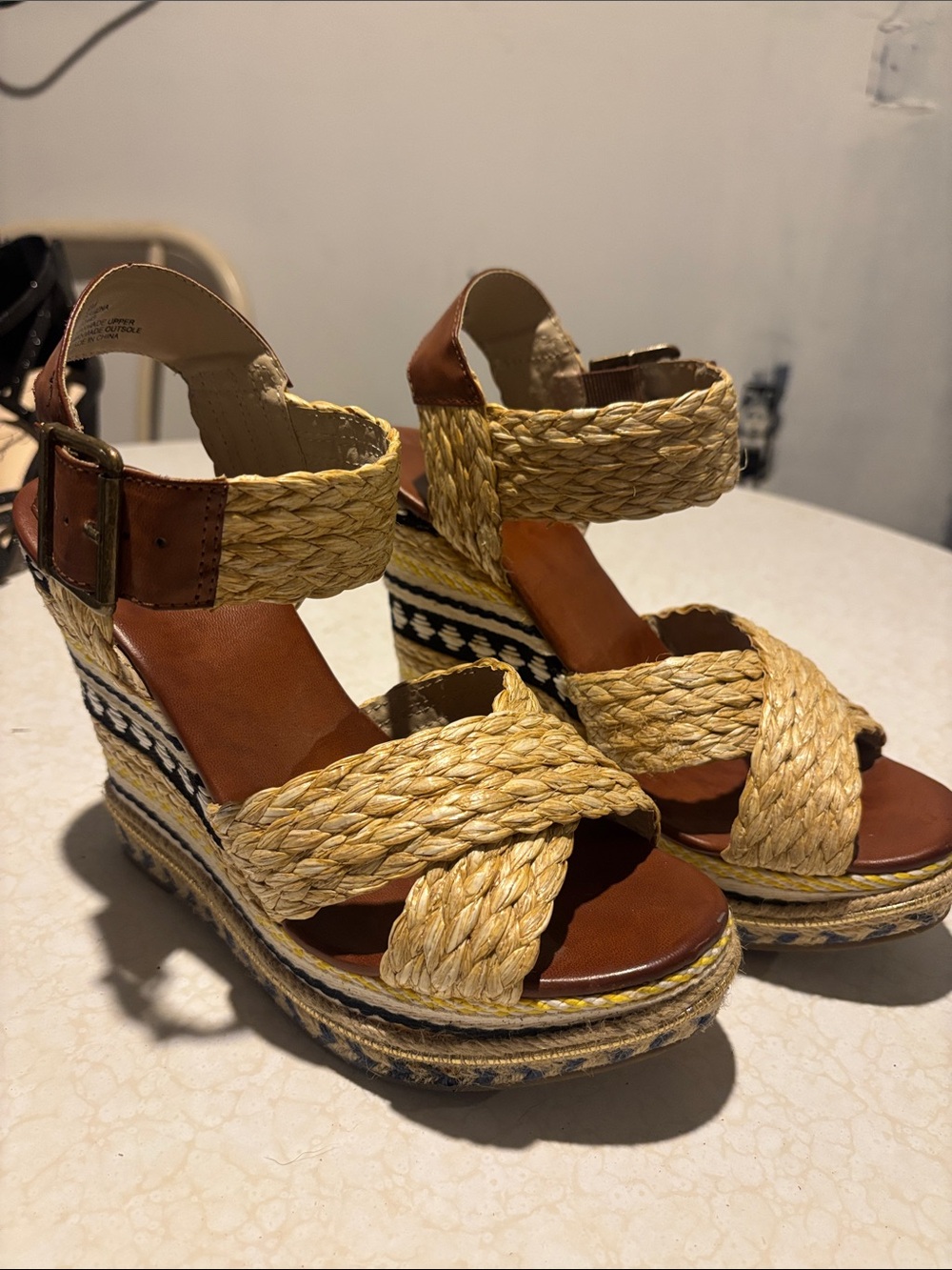 MIA Braided Espadrille Wedges in Tan, Black & Yellow